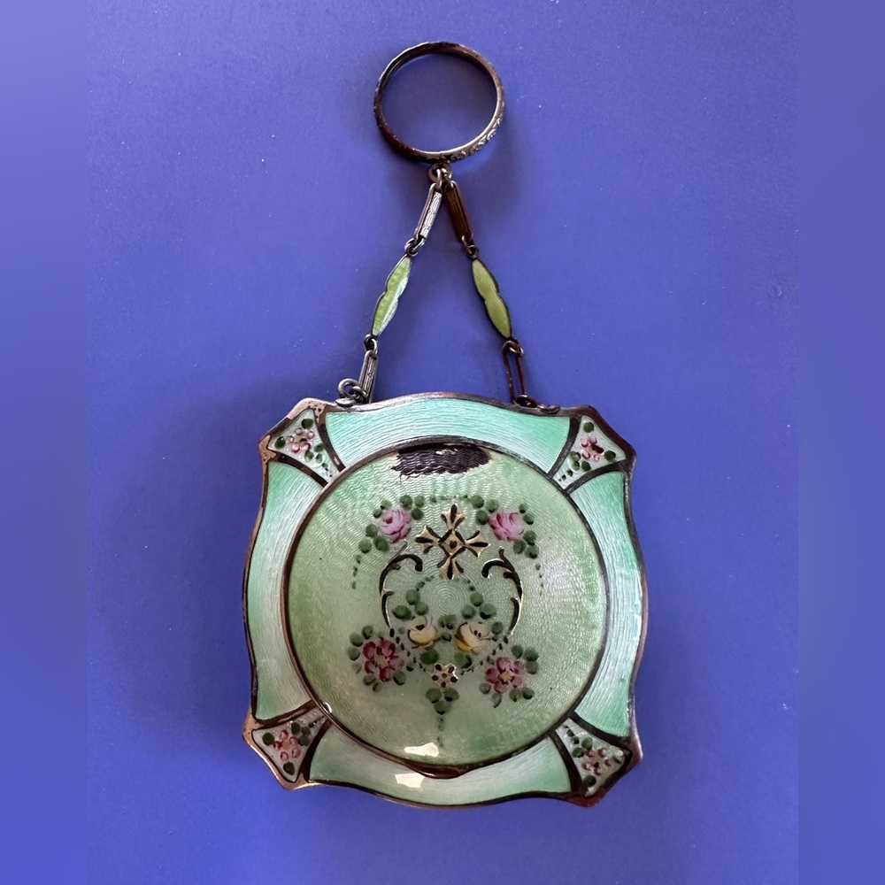 Vintage Roses Green Guilloche Art Deco “Dance Compact.”